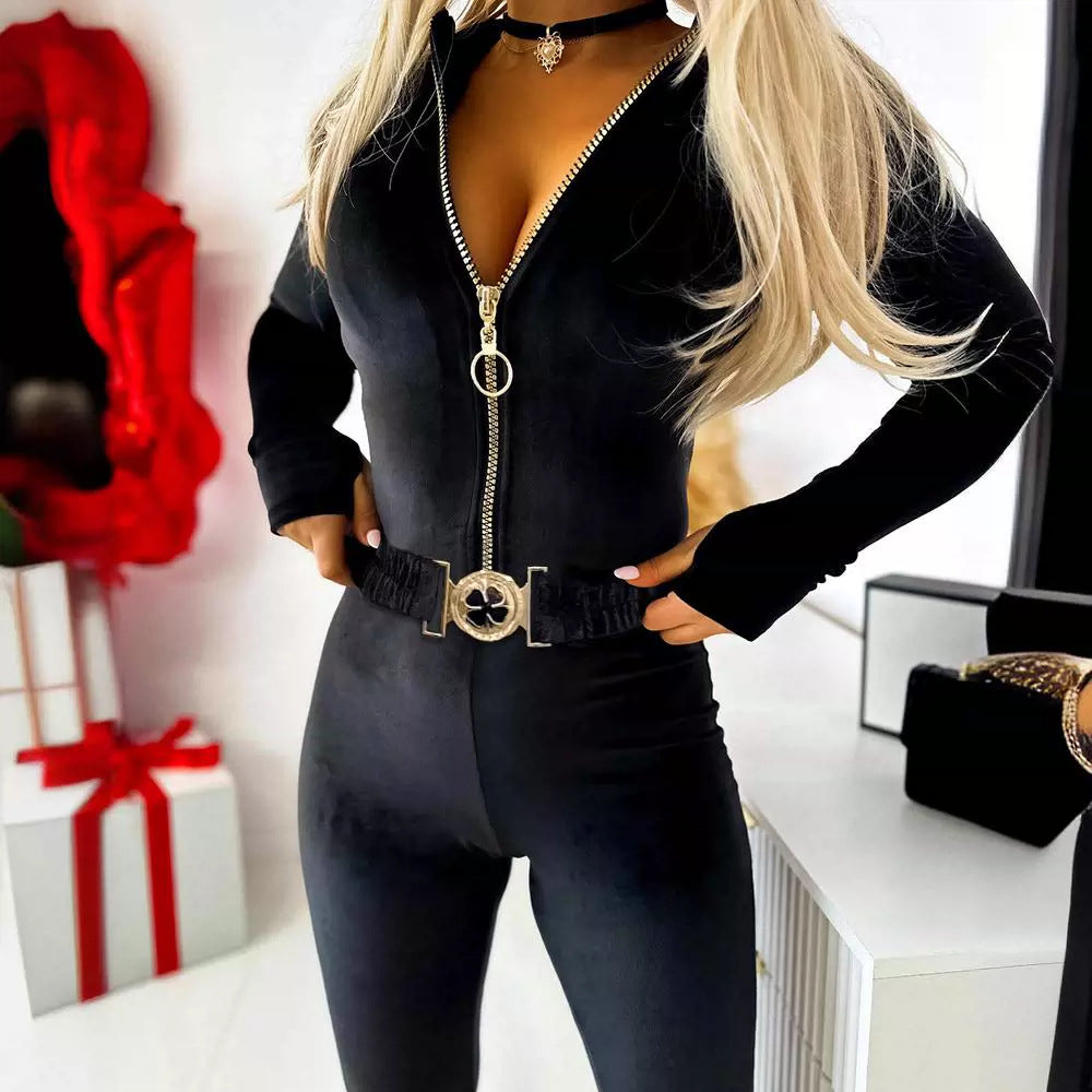 Slim Fit Bodysuit with Fashionable Zipper Design for Women