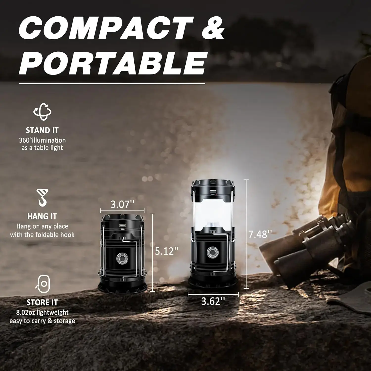 Solar Camping Lantern  - Rechargeable LED Lights, Magnetic Base & Foldable Hanging Hook- Collapsible Lamp Battery Powered Perfect for Power Outages, Hiking, Emergencies Adjustable Flashlight Adjustable Tactical Flashlight gifts gift set for girls