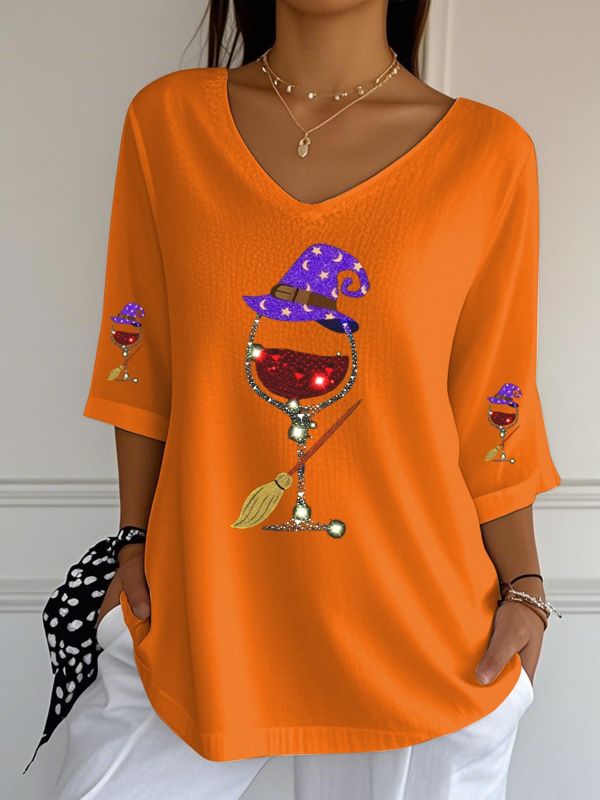 Women's Halloween Sequined Red Wine Glass T-shirt