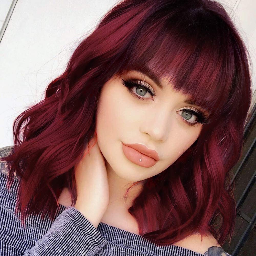 Luna Wine Red Women Bob Curly Wigs with Bangs Natural Looking Heat Resistant Fiber Hair for Women
