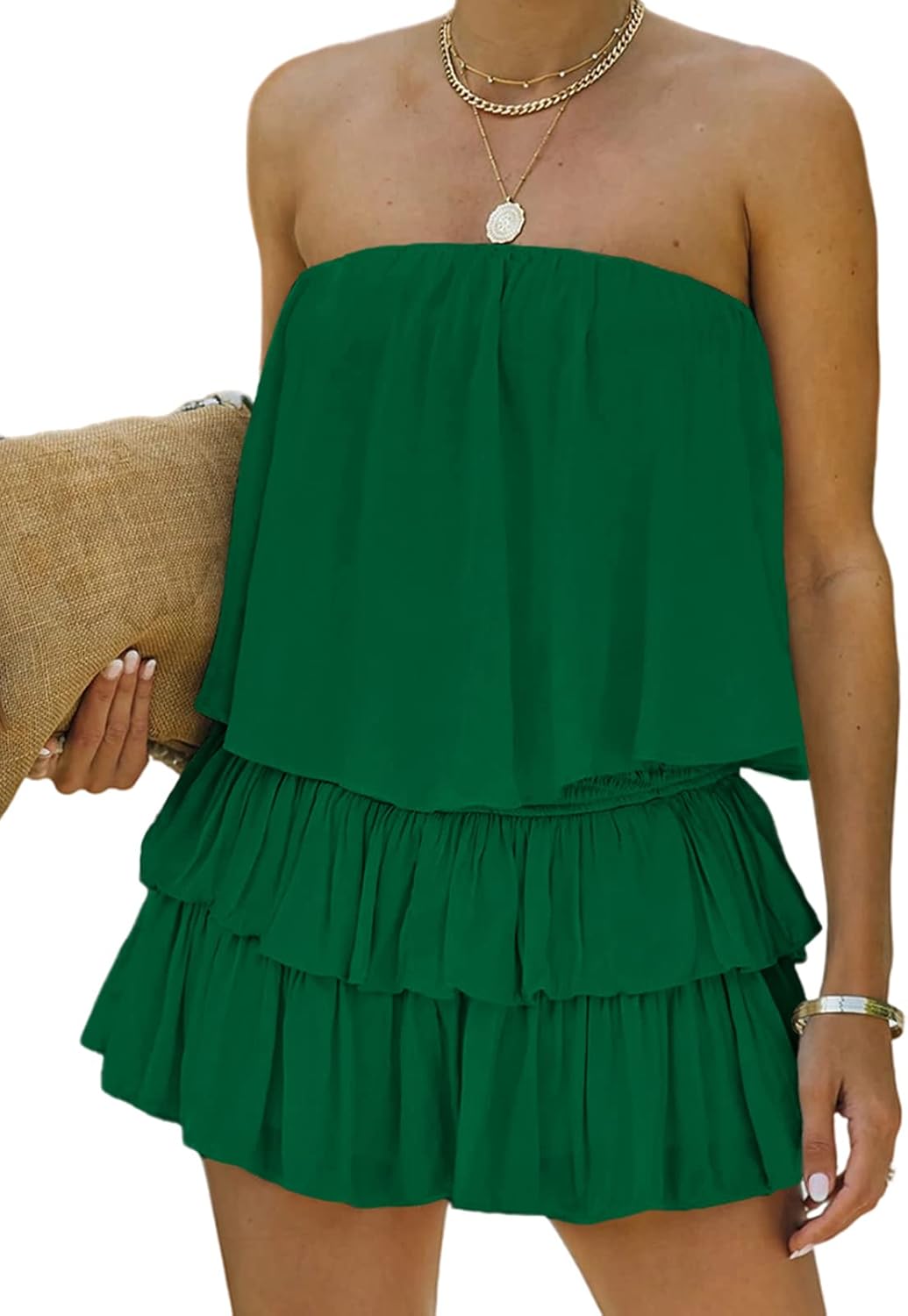 MIRACMODA Women Off The Shoulder Romper Flowy Strapless Smocked Jumpsuit Playsuits Dress