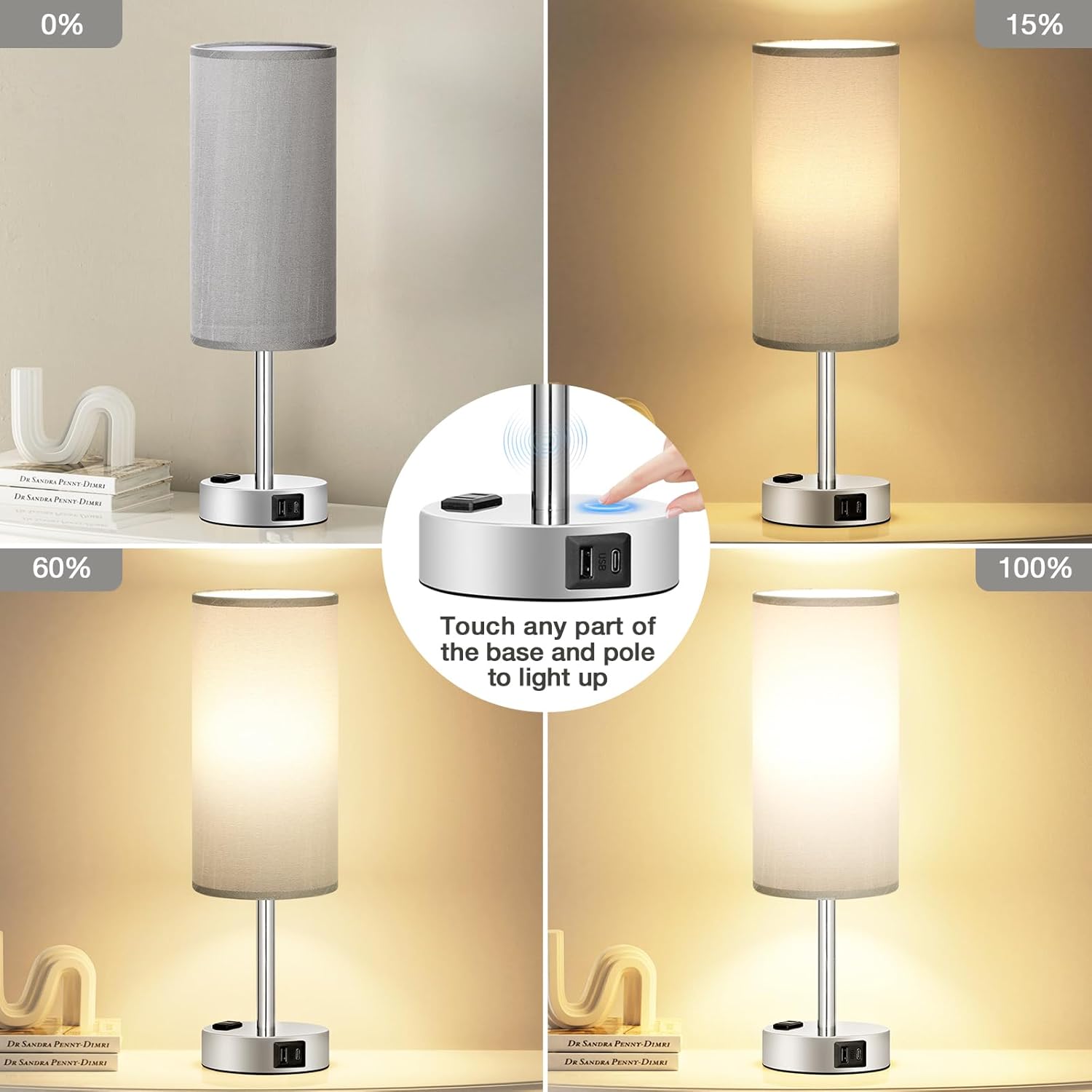 Bedside Table Lamp for Bedroom - 3 Way Dimmable Touch Lamp USB C Charging Ports and AC Outlet, Small Lamp Wood Base Round Flaxen Fabric Shade for Living Room, Desk, LED Bulb Included