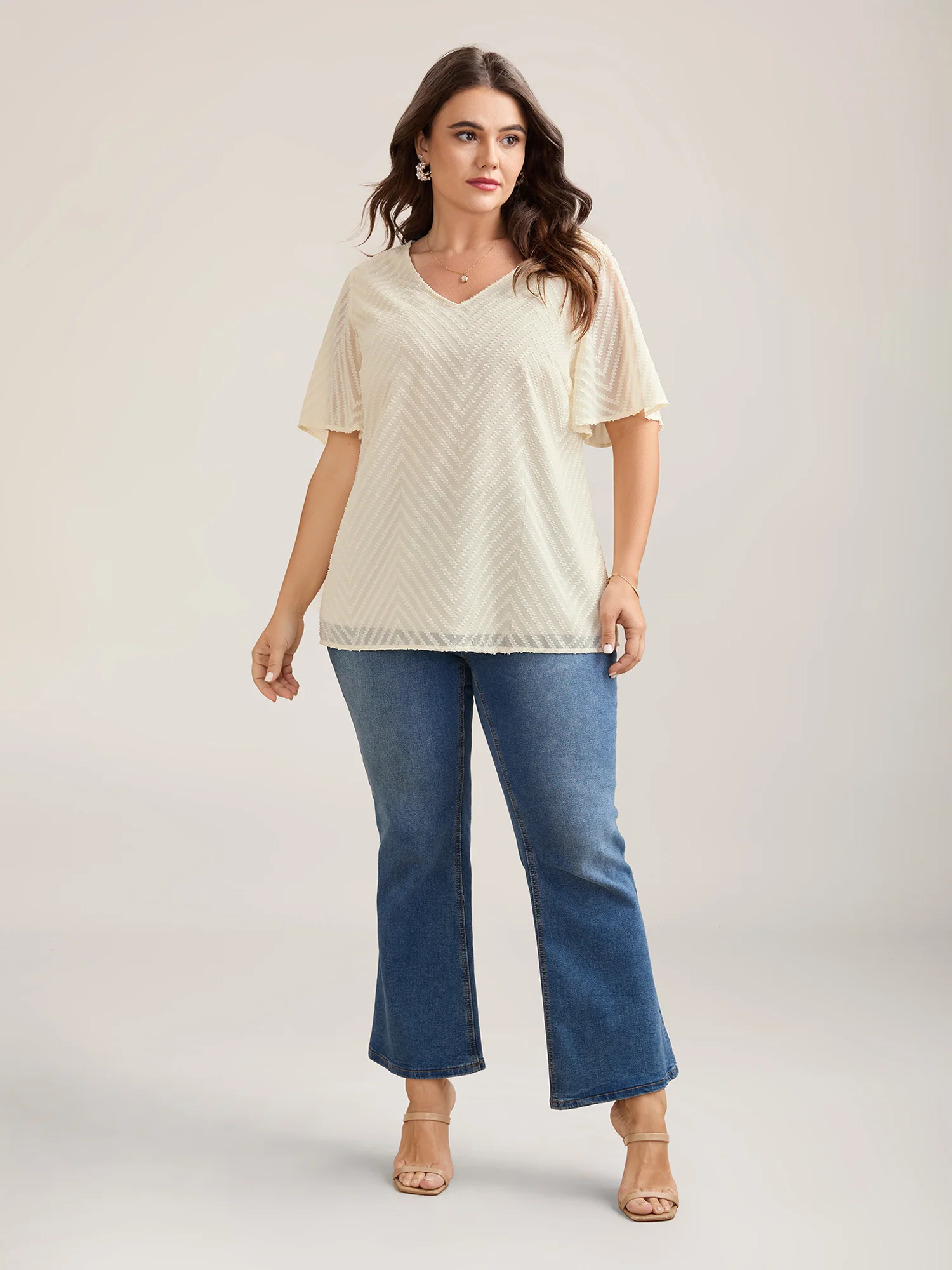 Textured Sheer Ruffled Sleeve Blouse