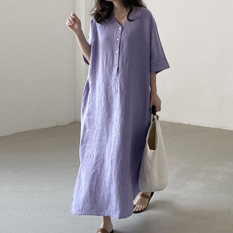 Button Down V Neck Comfy Maxi Dress