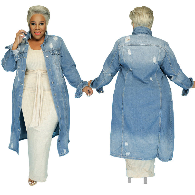 Plus Size Women Clothes Autumn Winter Ripped Casual Denim Jacket Trend