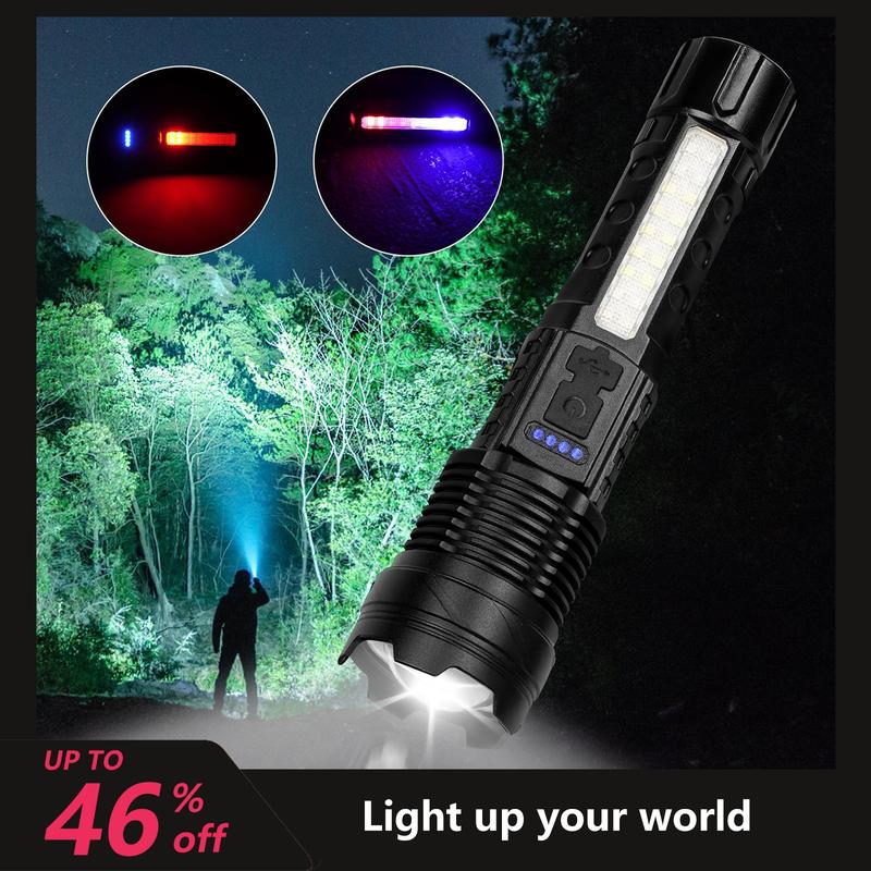 Strong Light Flashlight USB Rechargeable with Emergency White Light and Red & Blue Alarm Lights Waterproof Design