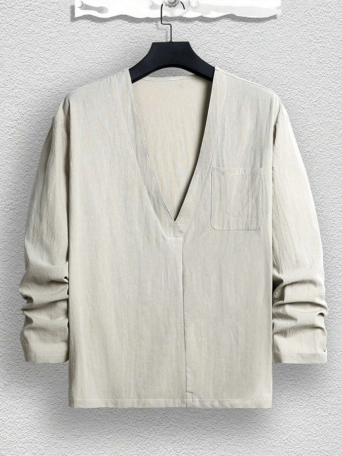 Women's V-Neck Long Sleeve Loose With Pockets Casual Shirt
