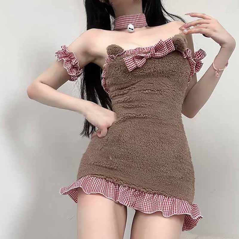 Cosplay Maid Plaid Bear Plush Lingerie Set