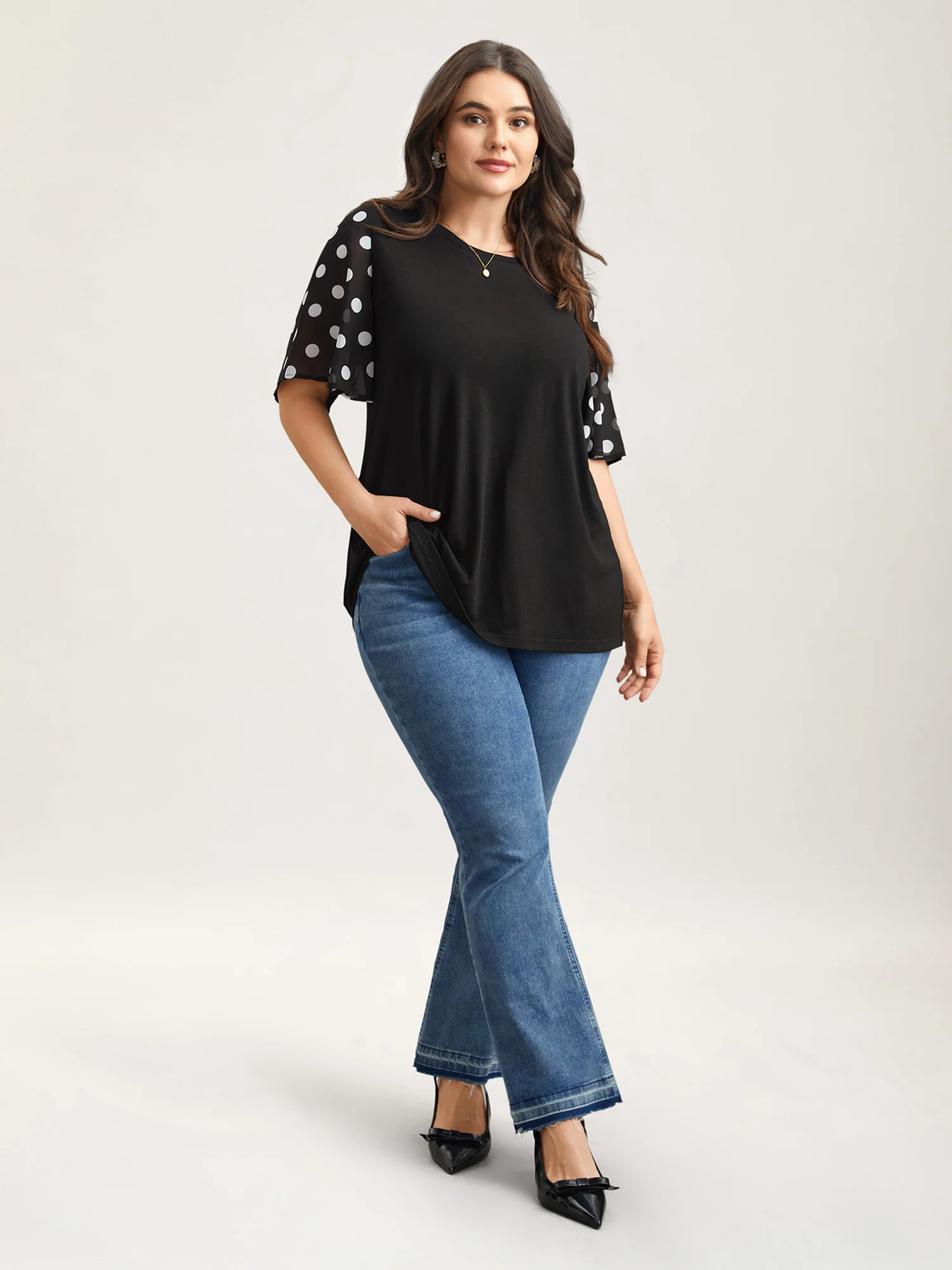 Stretchy Sheer Dot Sleeve Textured T-Shirt