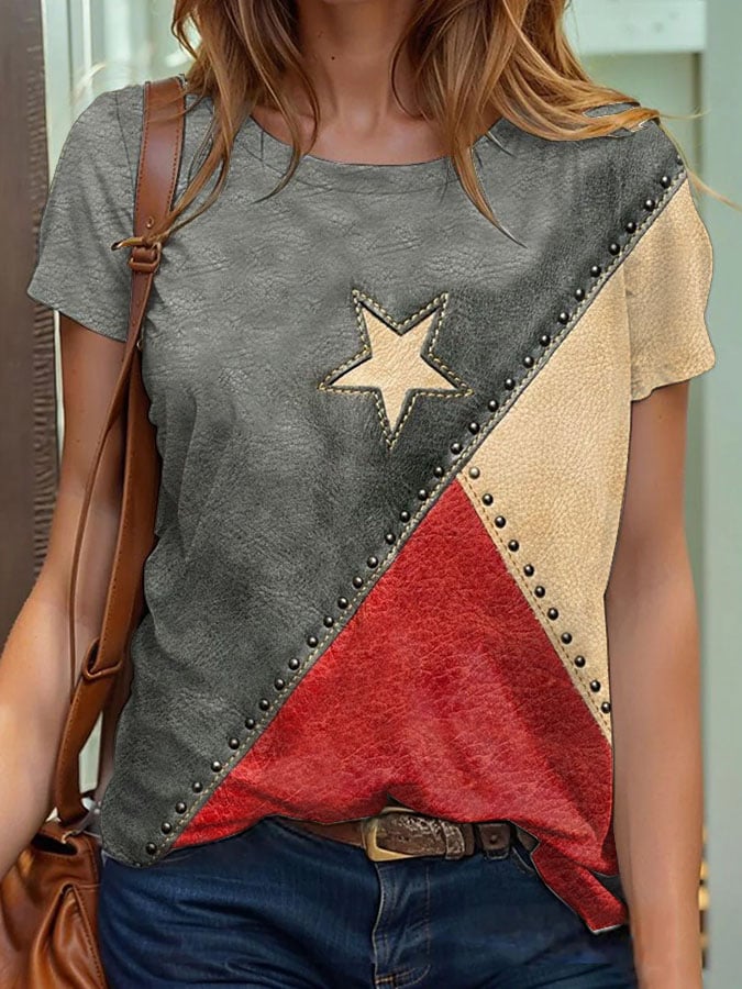 Women's Independence Day Flag Denim Blue Print T-Shirt