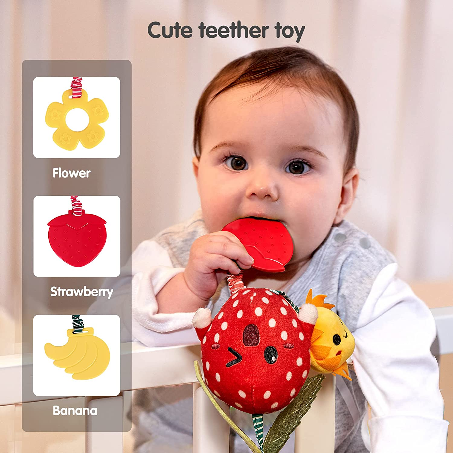 Juguetes de bebé para 3, 6, 9, 12 meses, sonajeros de frutas colgantes, aguacate, plátano, naranja y fresa, juguetes móviles para cochecito, sonajeros suaves de felpa para niños, regalos de Navidad para niñas, paquete de 4
