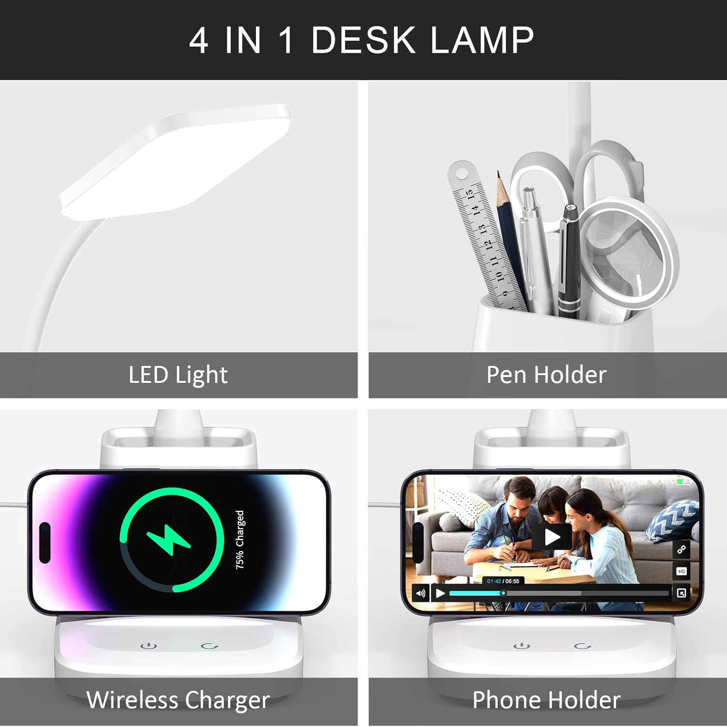 Desk Lamp with Wireless Charger, LED Desk Lamps for Home Office, 800 Lumens, Small Desk Lamp with Pen Holder, Flexible Arm, 3 Modes, Dimming, Touch Lamp for College Dorm Room