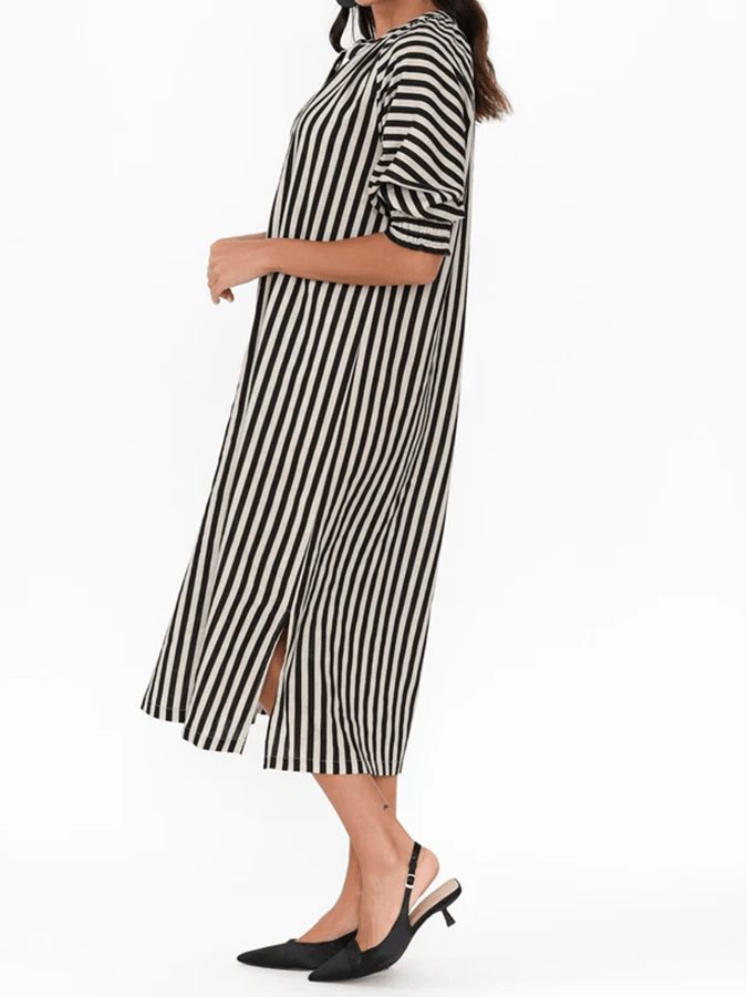 Women's Vintage Contrast Stripe Design V-Neck Button-Up Cotton And Linen Dress