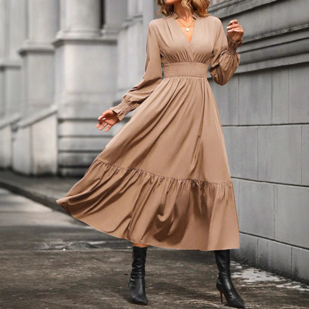 Women's V-neck Lantern Long Sleeve Fashion Dress