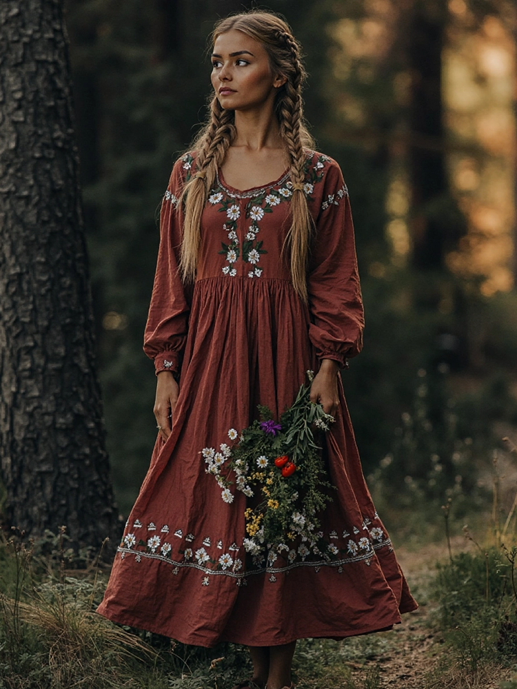 Women's Vintage Floral Embroidered Cotton Linen Dress