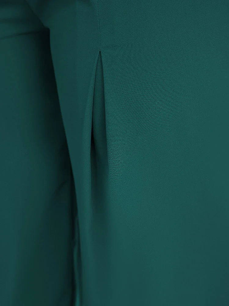 Solid Pleated Button Detail Straight Leg Pants