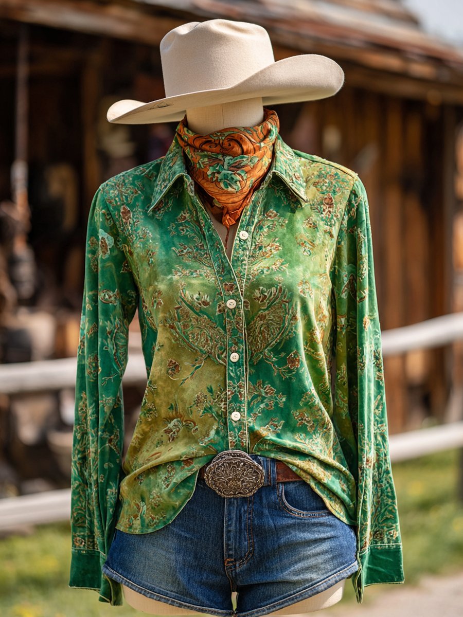 Women's Vintage Green Floral Western Long Sleeve Shirt