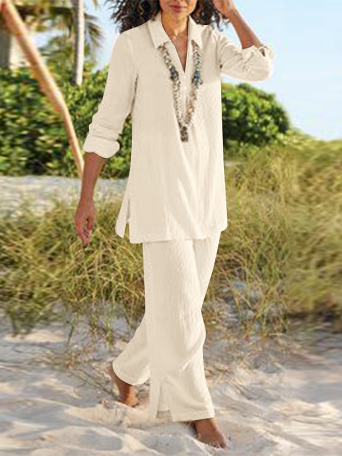 Women's Casual Cotton And Linen Two-piece Suit