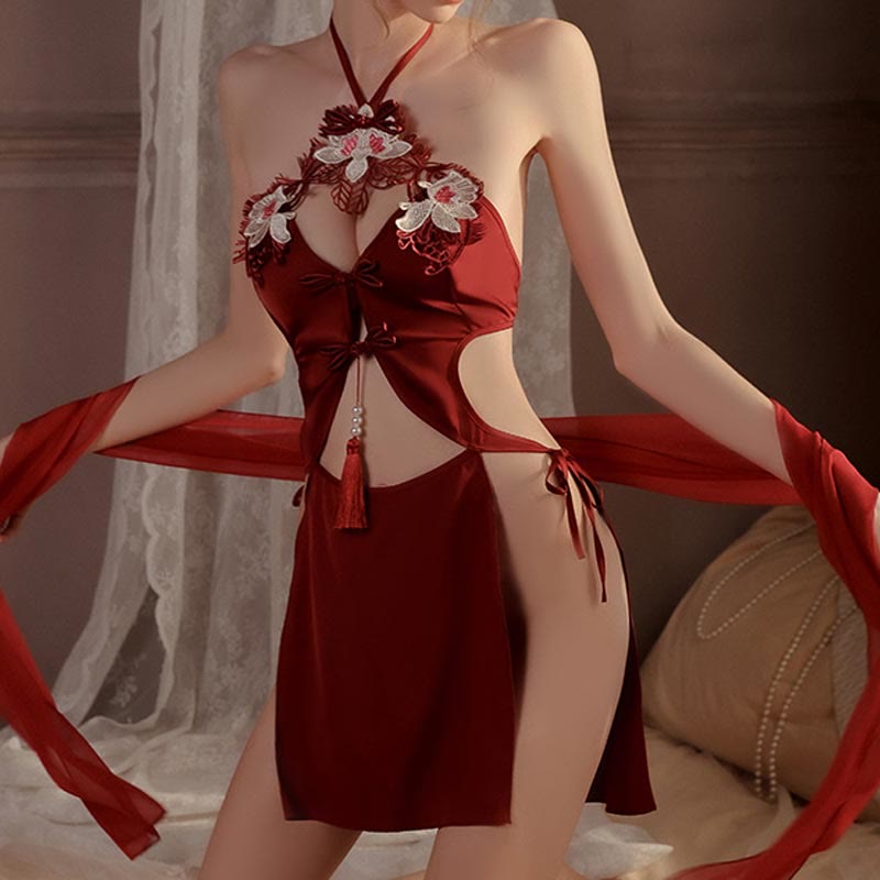 Han Costume Flower Embroidery Tassel Cheongsam Lingerie Set