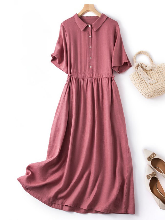 Women's Solid Color Short-Sleeved Shirt Collar Artistic Retro Cotton And Linen Casual Dress