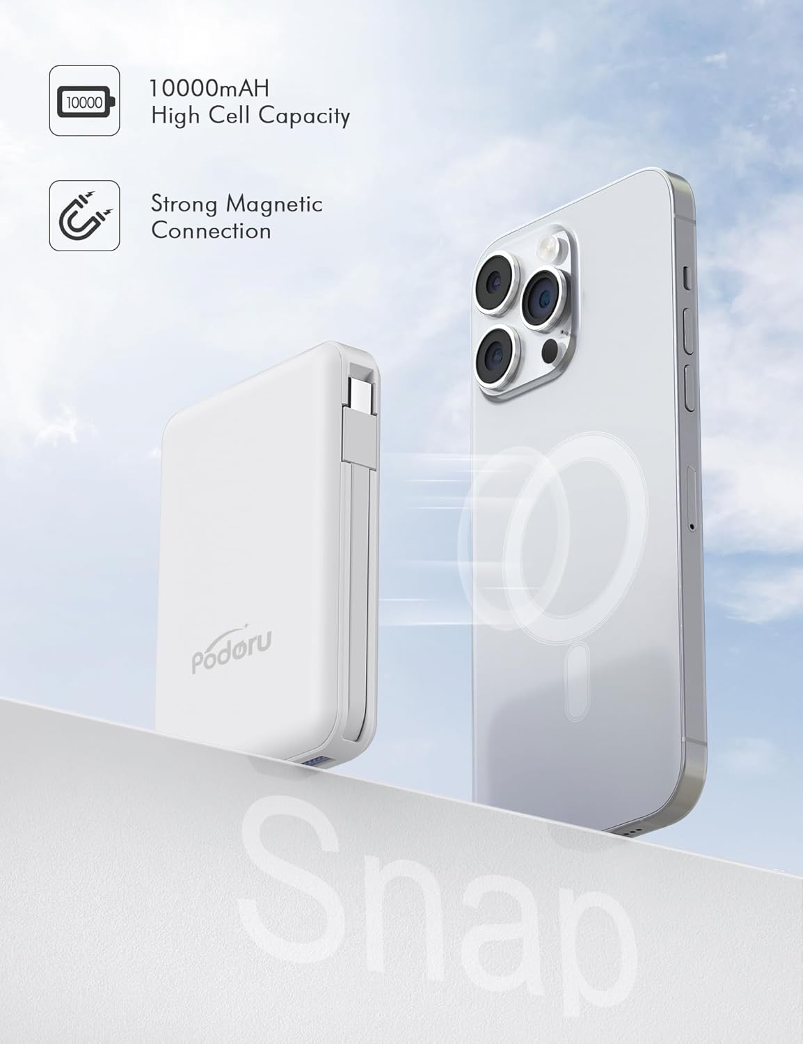 podoru Wireless Portable Charger, 10000mAh Magnetic Power Bank Built-in USB-C Lighting Cables 22.5W PD Fast Charging LED Display Mag-Safe Battery Pack for iPhone 15/14/13/12/Mini/Pro/Pro Max - White