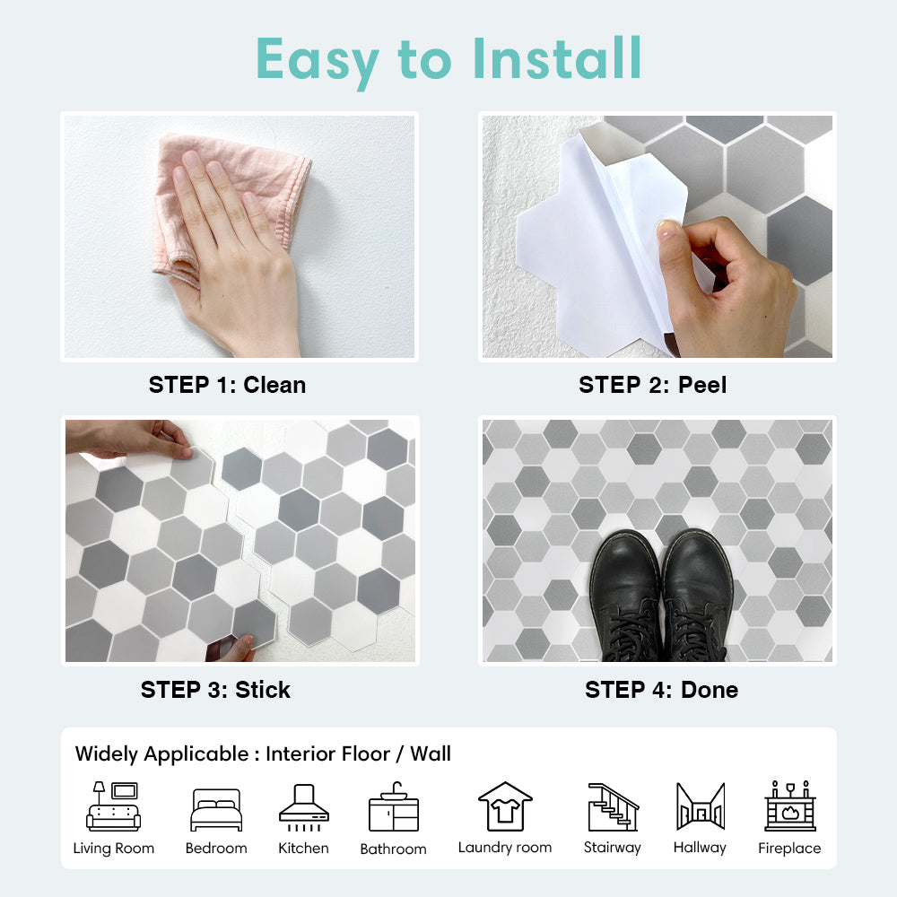 Grey and White Hexagon Peel and Stick Vinyl Floor Tile Sticker