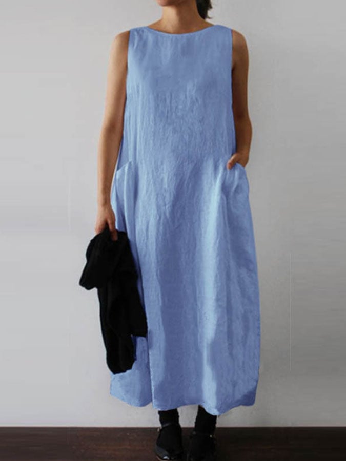 Solid Color Sleeveless Cotton And Linen Dress