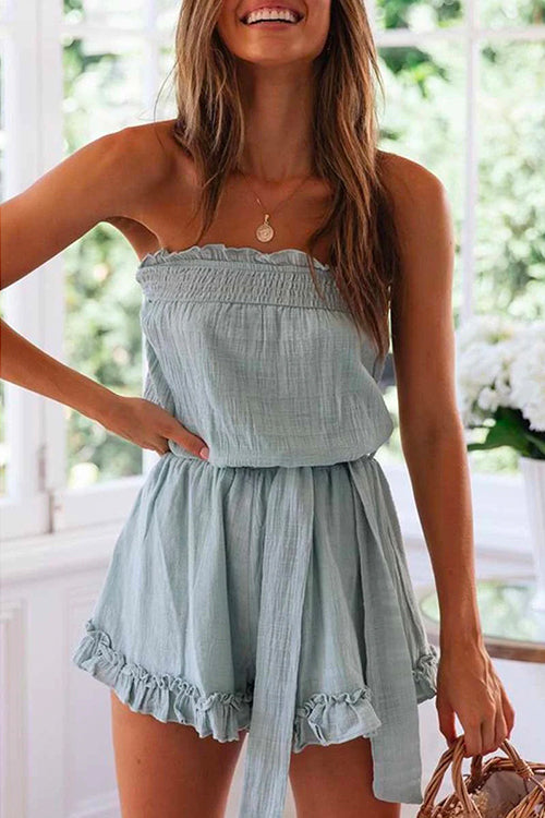 Heididress Off Shoulder Sleeveless Tie Waist Ruffle Romper