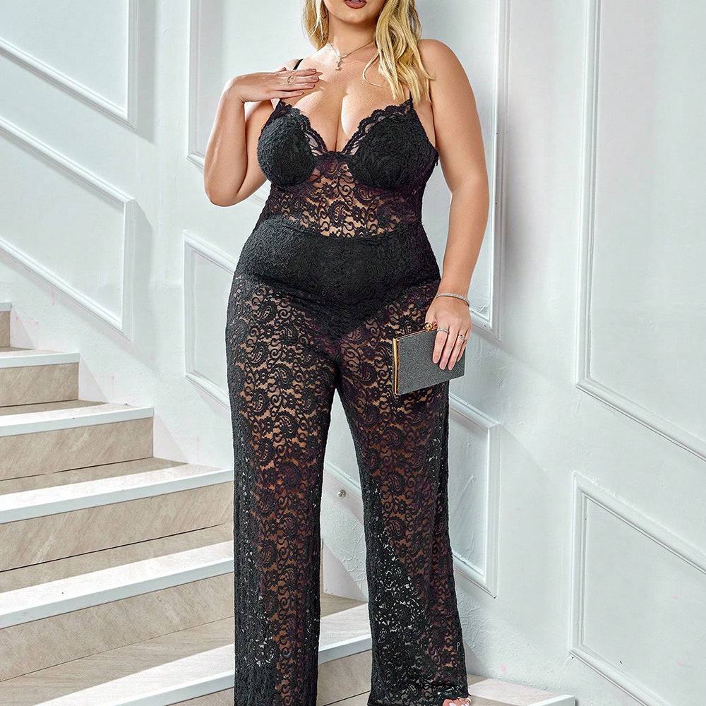 Plus Size Spring Summer Women Clothes Jumpsuit Lace Hollow Out Cutout Deep V Plunge Casual Sling Straight Jumpsuit