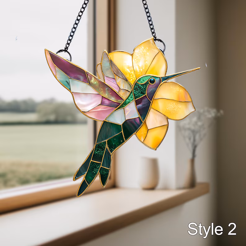 Hummingbird With Flower Stained Glass Effect Art Acrylic Suncatcher
