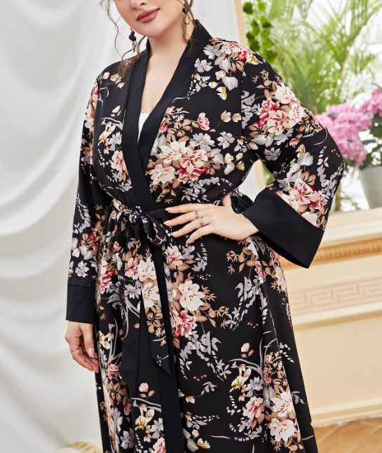Plus Size Cardigan Coat Color Printing Artistic Long Sleeve Elegant Chiffon Women