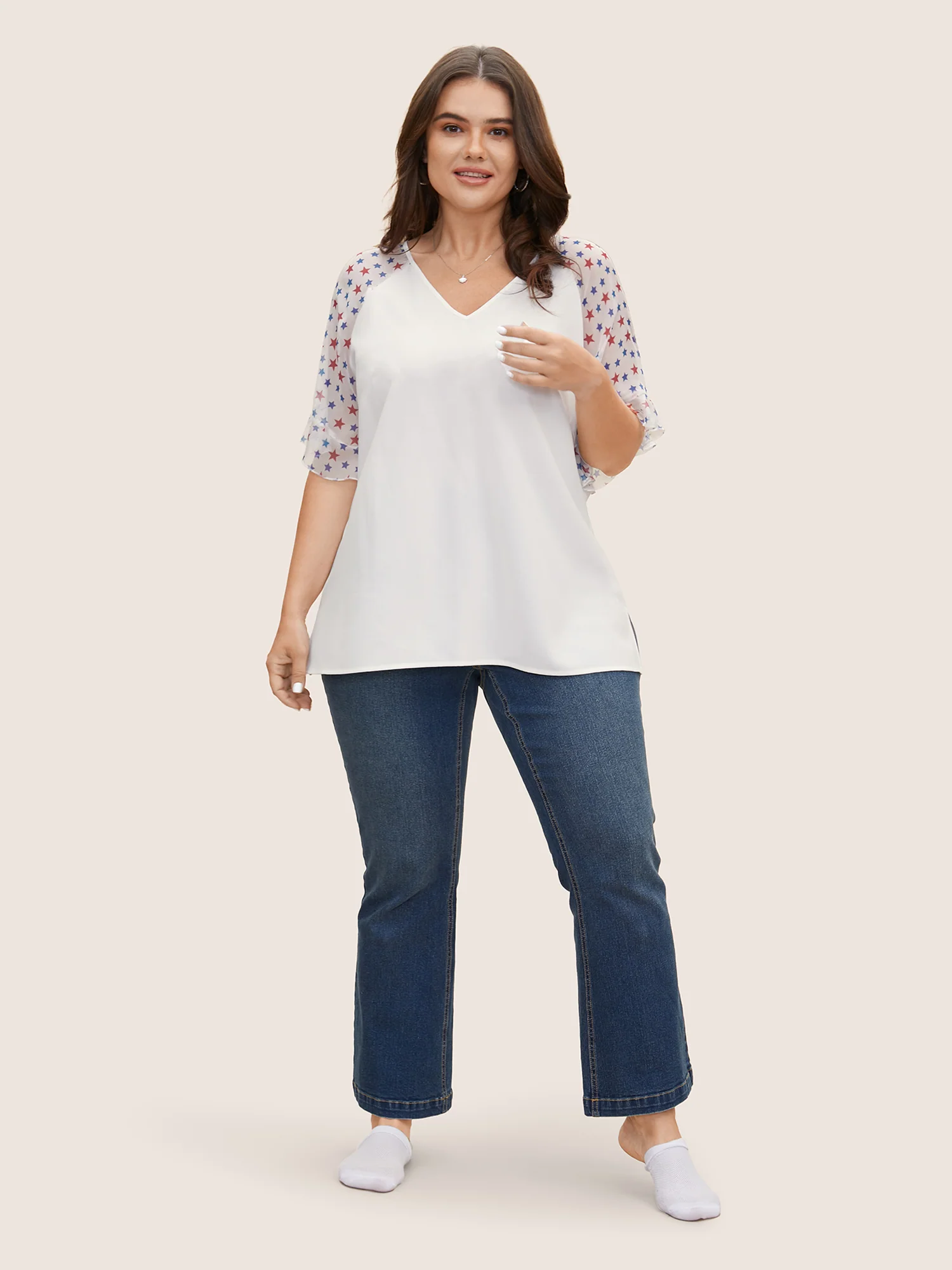 Star & Striped Ruffles Raglan Sleeve Blouse