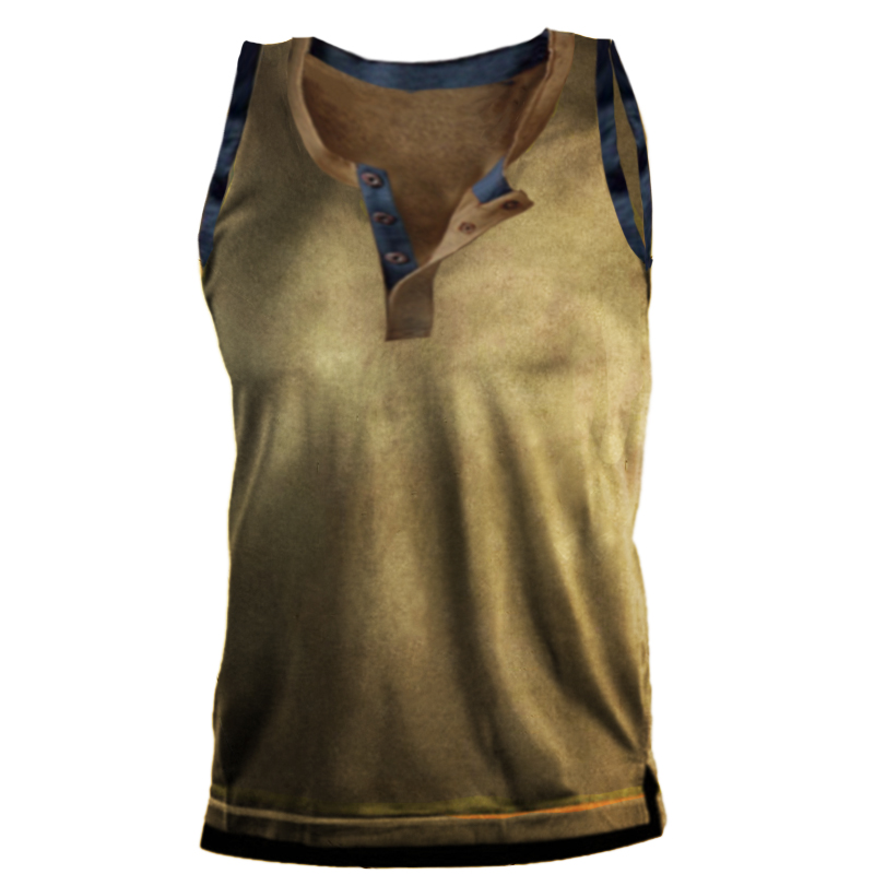 Men's Outdoor Tactical Retro Print Henley Tank Top