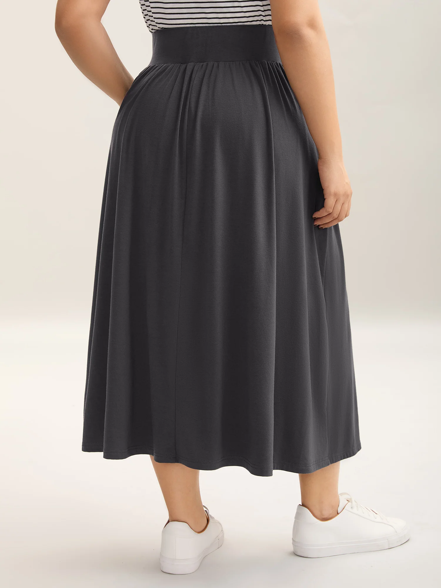 Supersoft Wide Waistband Pleated Plain Midi Skirt