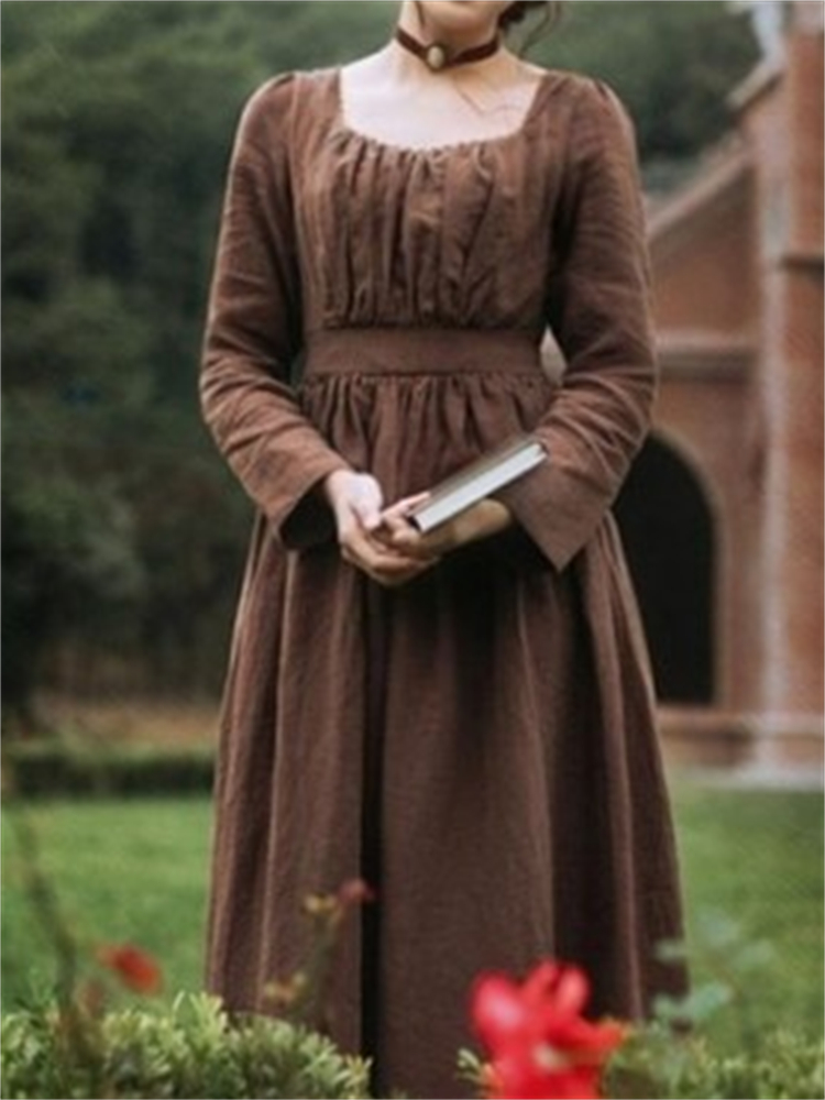 Elegant Retro Square Neck Long Sleeve Maxi Dress