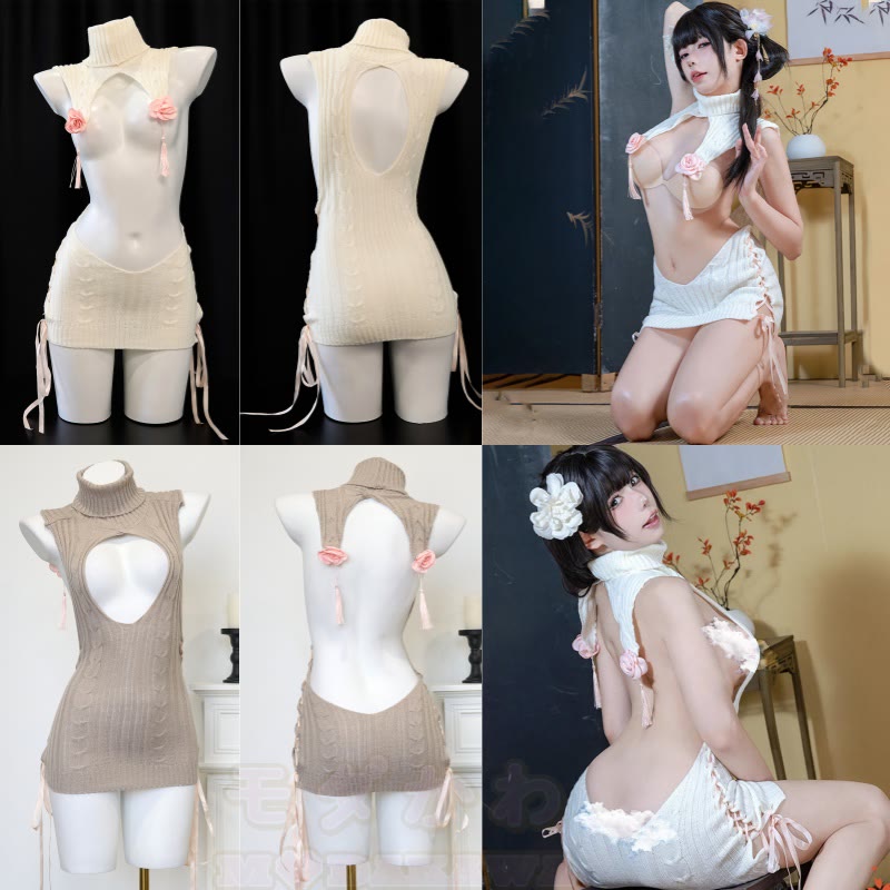 Flower Hollow Out Lace-up Sweater Lingerie