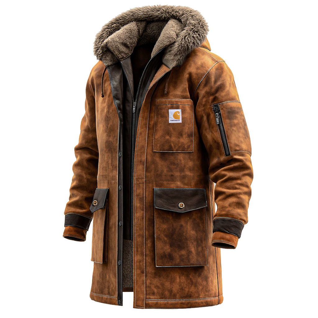 Brown Leather-Like Winter Coat with Fur Hood