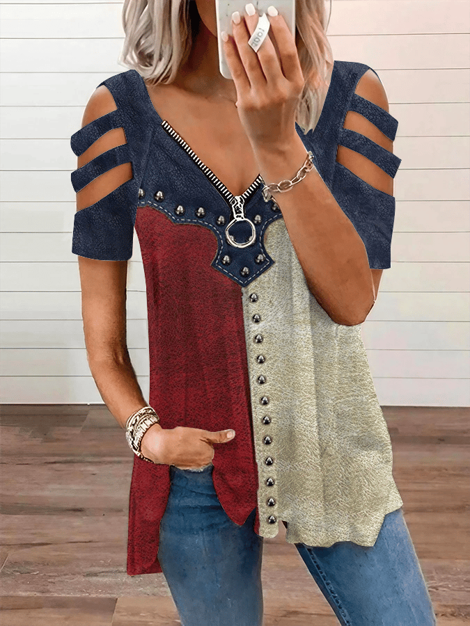 Women's Vintage American Flag Print Zipper Off Shoulder Casual T-Shirt