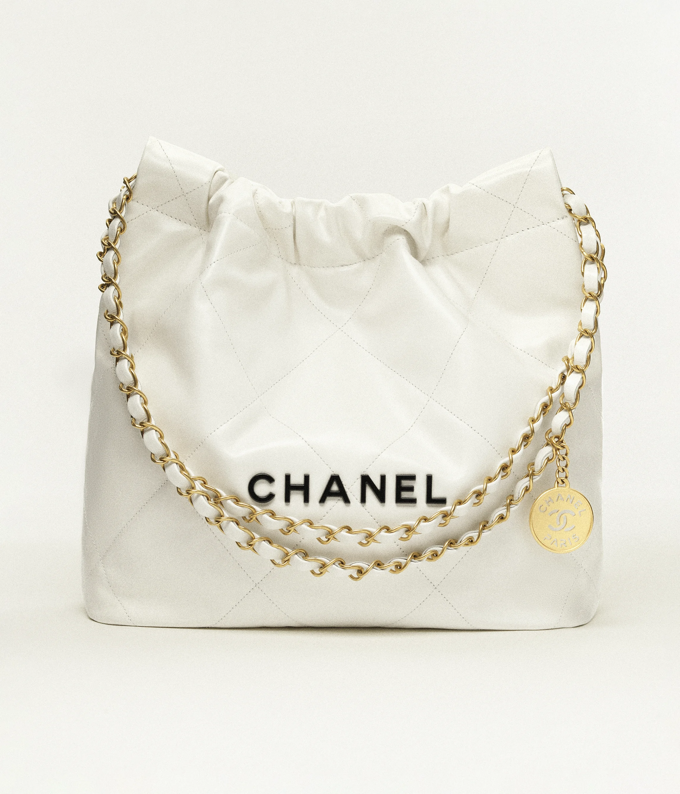 CHANEL 22 Small Handbag Calfskin, Gold-Tone & Lacquered Metal White AS3260-B09859-10601