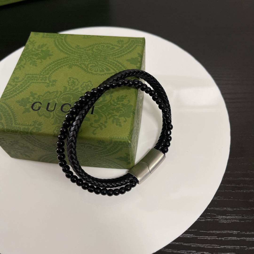 Gucci Braided Leather & Black Beads Bracelet