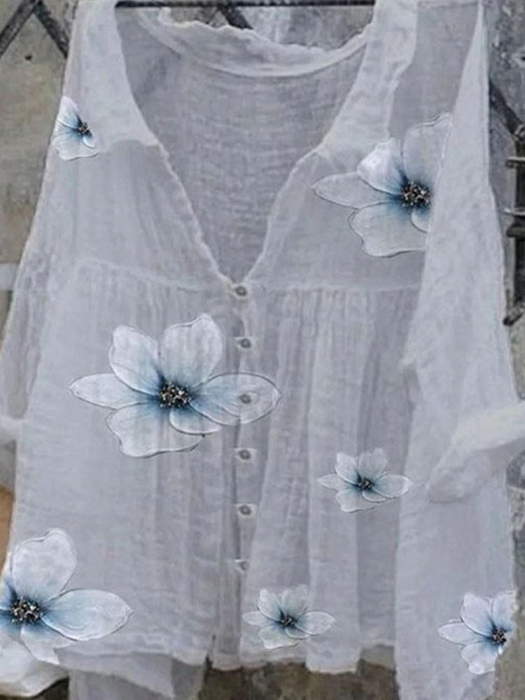 Long Sleeve Printed Cotton Linen Loose Shirt