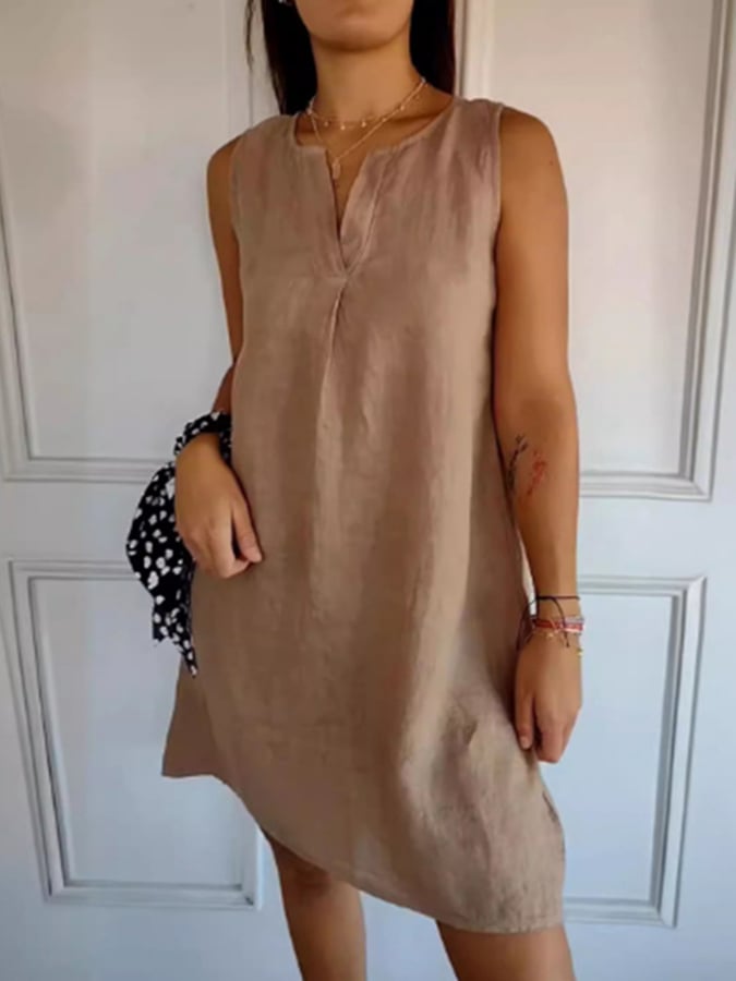 Women's V-Neck Sleeveless Solid Color Cotton And Linen Dress