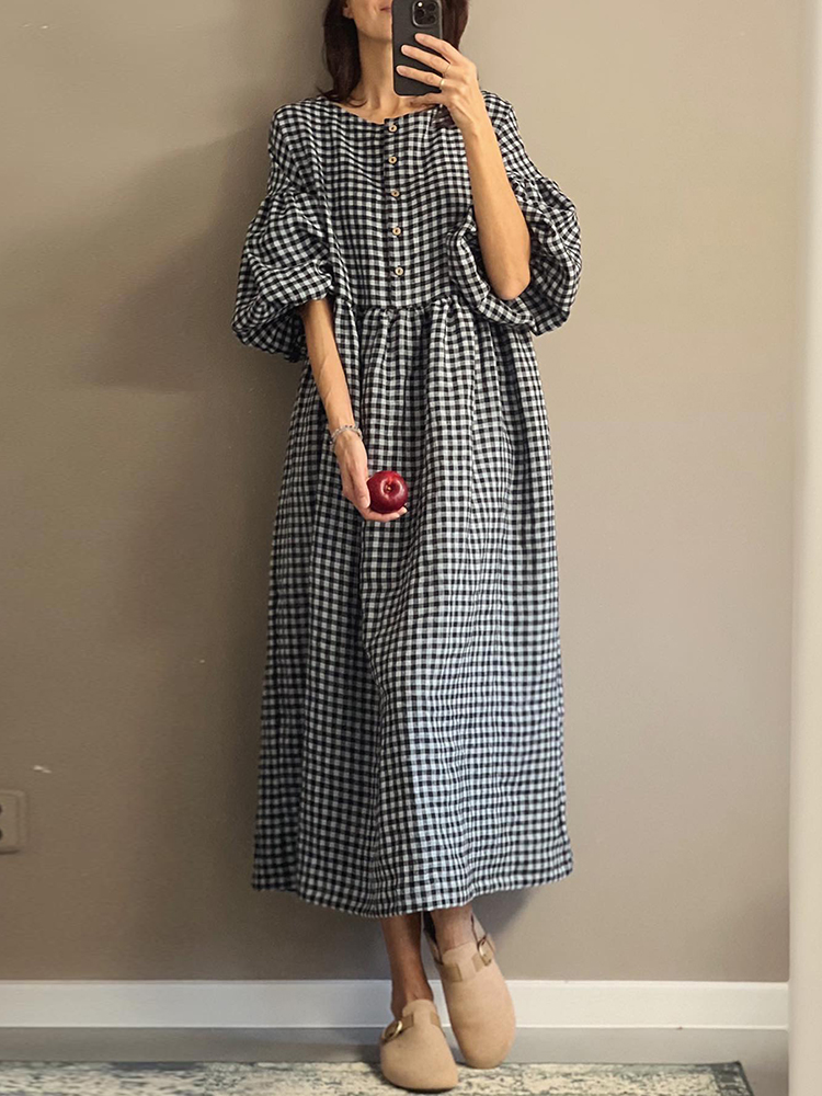 Check Button Round Neck Balloon Sleeve Midi Dress