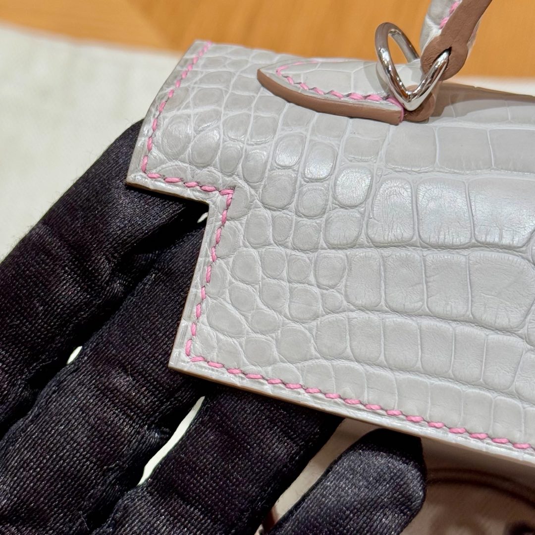 Hermes mini kelly 80Pearl Gray5PPink handbag (handmade to order)