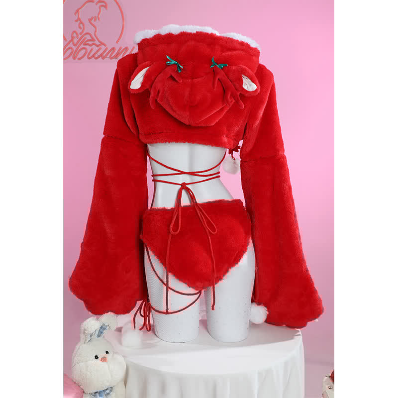 Cosplay Cartoon Deer Paw Hooded Plush Lingerie Set