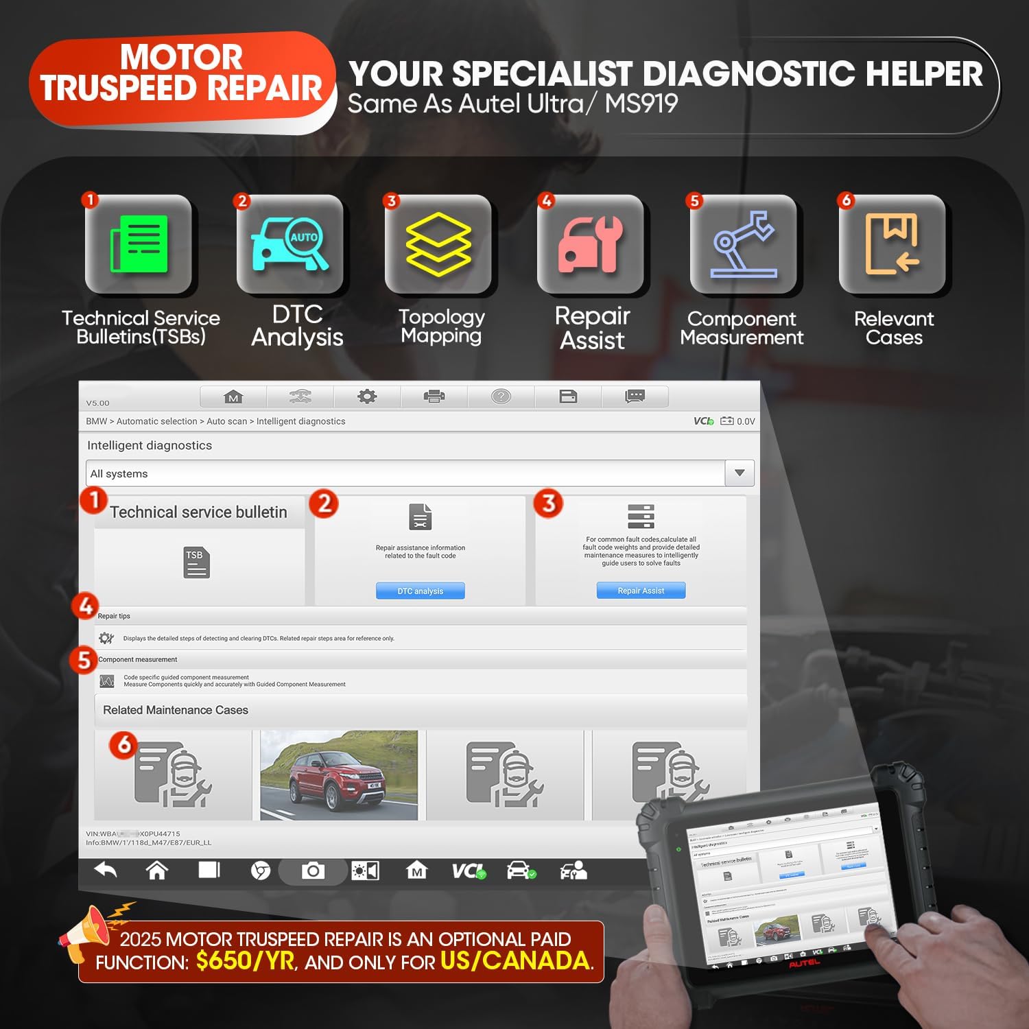 Autel MaxiSys MS909 Smart Diagnostics Tool, 2025 New Motor TruSpeed Same as MS919 MSUltra, TSB, Repair Tips, Topology 2.0, Up of Elite 2 PRO, ECU Programming/Coding, 40+ Service, 3K+ Active Tests