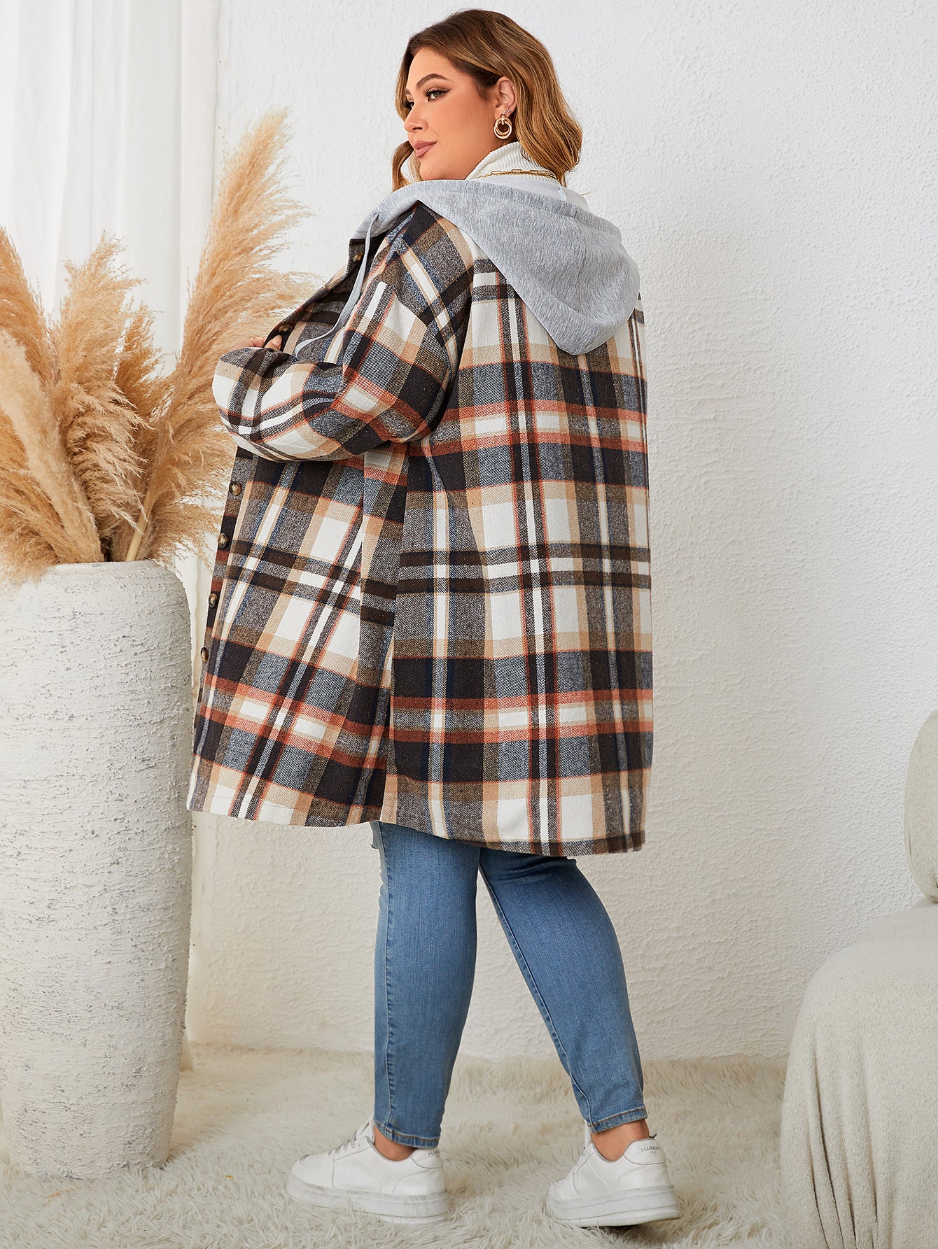 Plus Size Autumn Winter Women Girls Plaid Hooded Mid Length Coat for Women