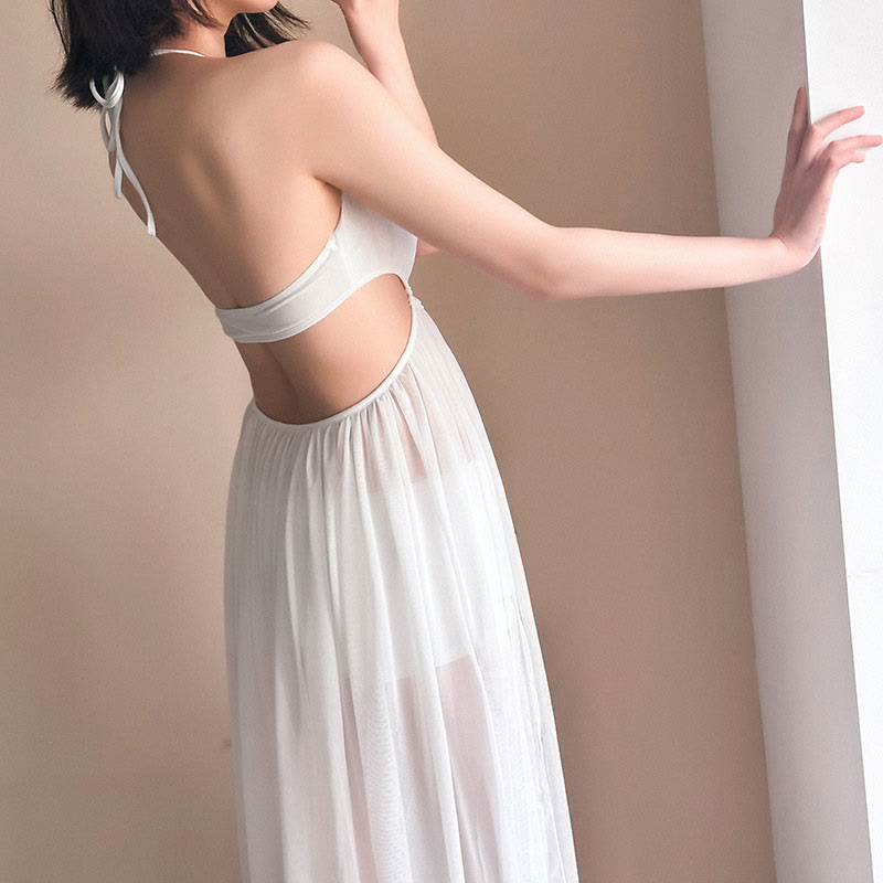 Hollow out See-through Backless Pearl String Slit Lingerie Dress