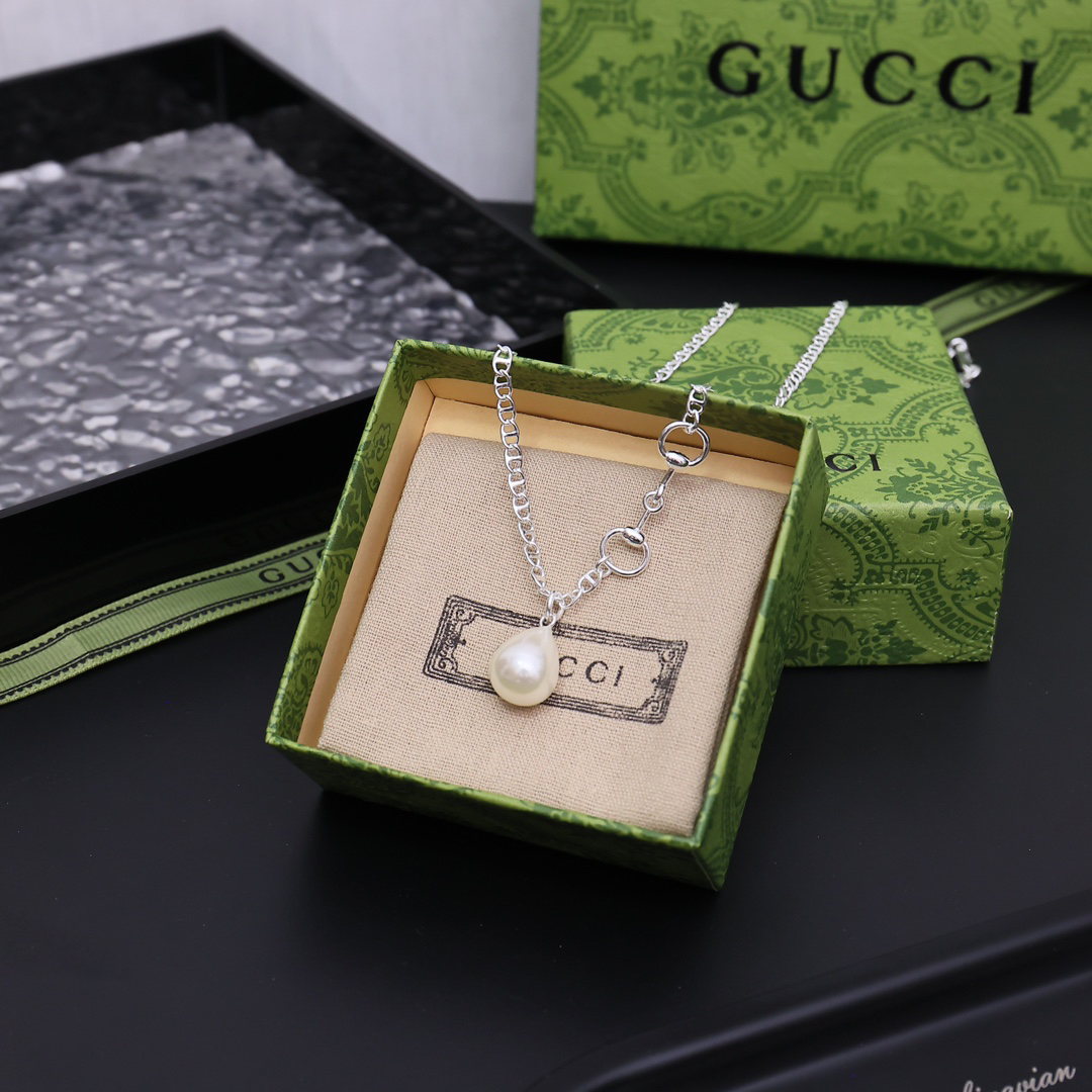 Gucci Pearl Charm Silver Necklace