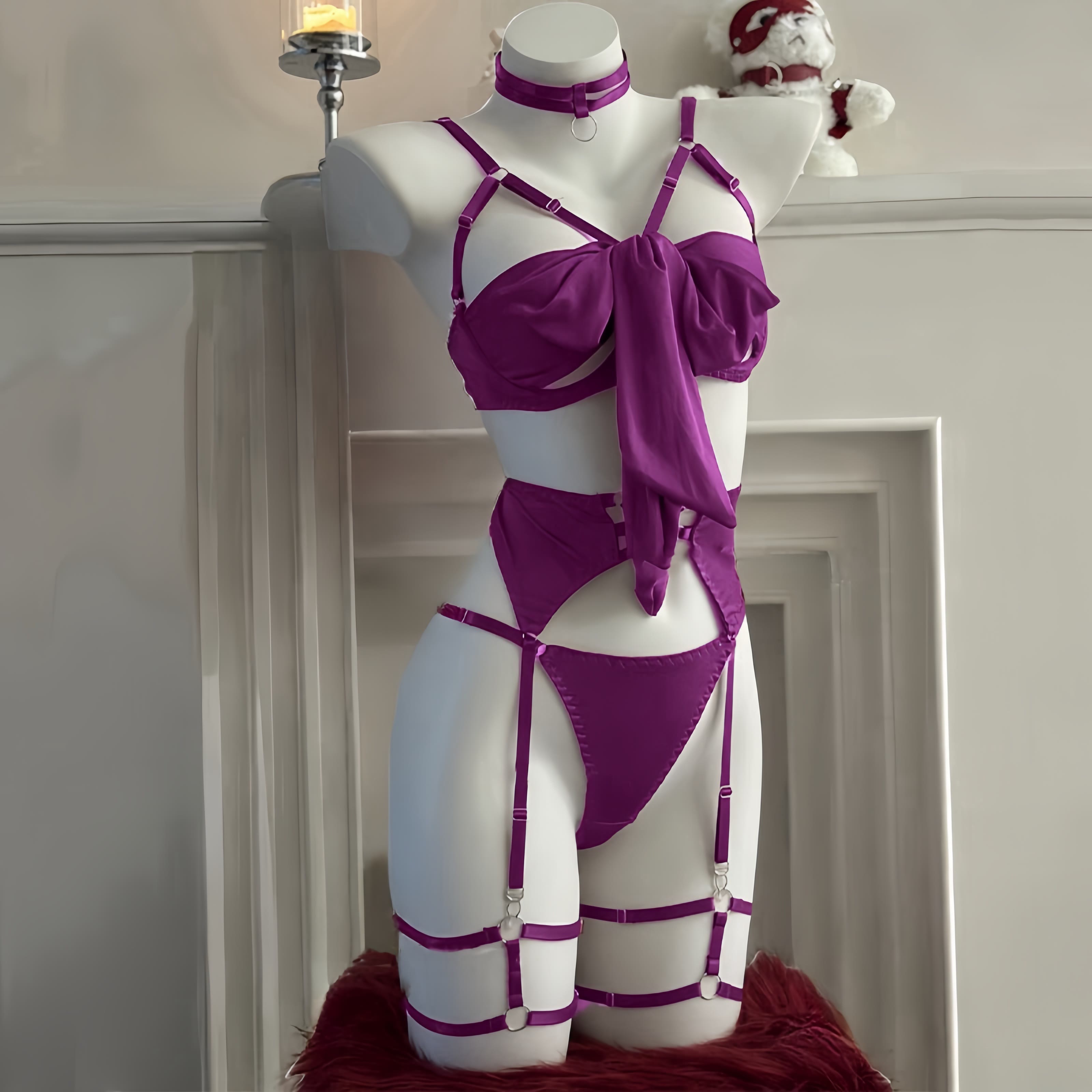 Hollow Out See-through Backless Bow Lingerie Set